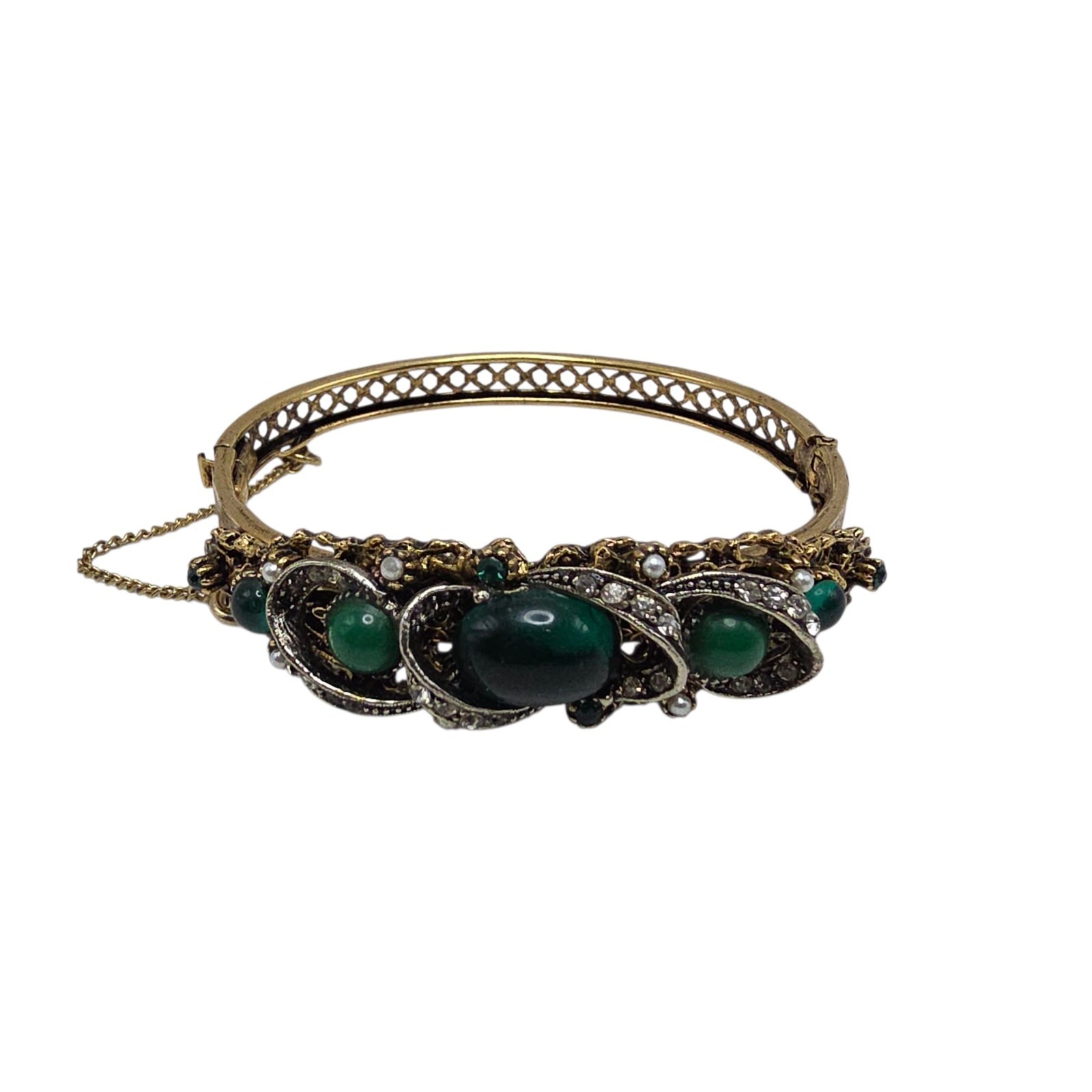 Vintage Art Arthur Pepper Emerald & Jade Green Rhinestones Clamper Bracelet